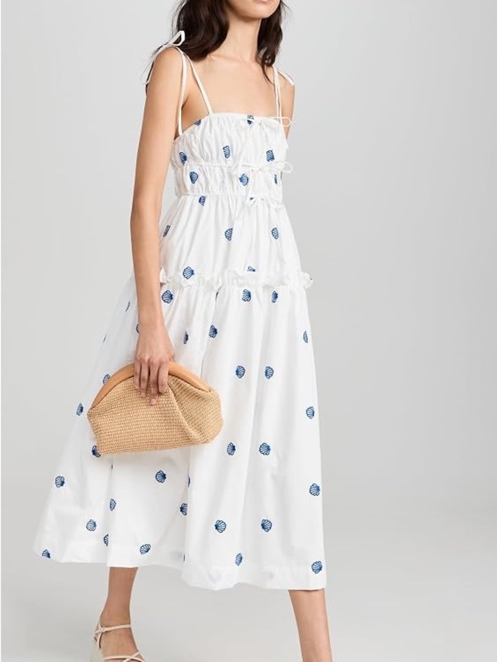 En Saison Size M White Midi Dress with Blue Shell Print made of 80% Polyester an